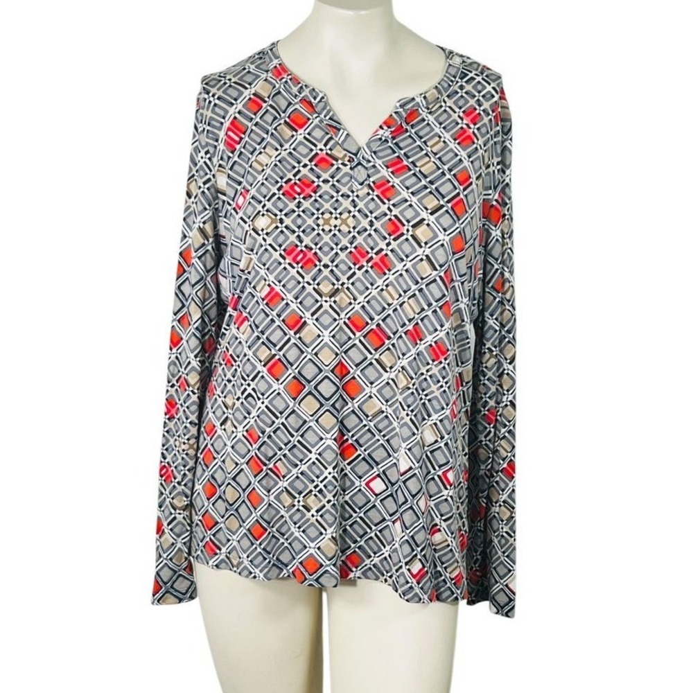 Liz Claiborne V Neck Long Sleeve Rayon Geometric Blouse‎ Top Workwear Career XL